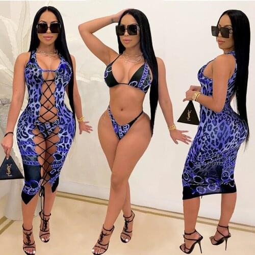 Sexy Tie Dye Print Lace Up Hollow Out 3 PCS Bikinis Suit Push Up Swimwear Dress Cover Up Biquini Bathing Swimsuit
