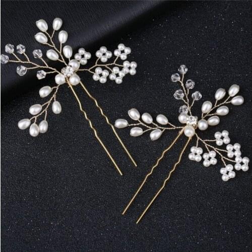 Romance Bride Head Piece Hair Clip Wedding Jewelry Women Metal U Shape Pearl Leaves Crystal Floral Hairpin Hair Accessories