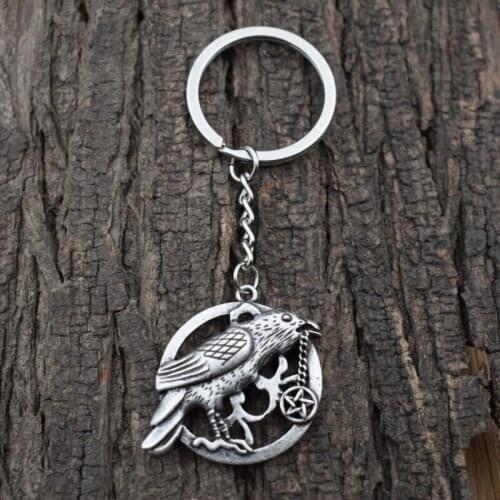 Norse Raven Crow Pentagram Keychain Wicca Pagan Animal Keyring Amulet