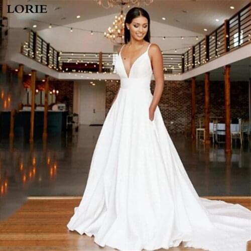 LORIE Princess Wedding Dresses Satin Spaghetti Straps Boho Bride Dresses With Pockets Lace Wedding Bride Gowns