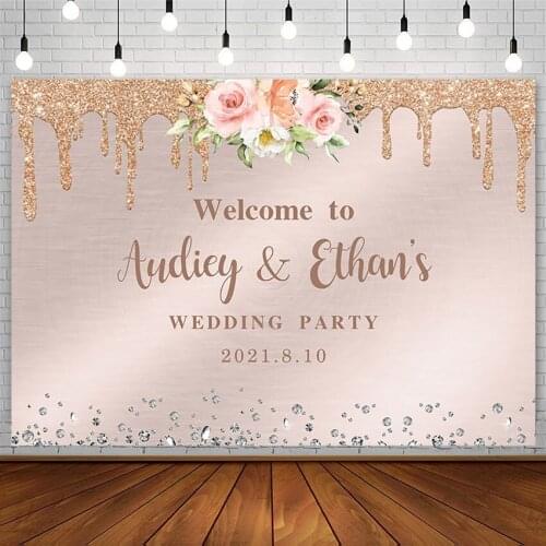 Wedding Custom Backdrop Party Pink Flowers Rose Gold Shiny Diamond Bridal Shower Photography Background Photo Studio Props Decor