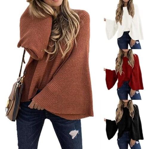 2020 New Autumn Winter New womens Trumpet Sleeve Sweater European And American Fashion Casual Round Neck Big Sleeve Sweater