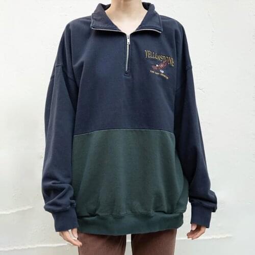 Vintage Eagle Embroidery Loose Sweatshirts Women Patchwork Long Sleeve Oversize Hoodie Femme Casual Streetwear Cotton Tops Chic