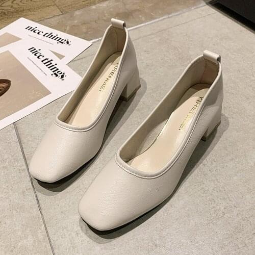 2021 Fashion Solid Premium Leather Women Loafers Shoes Square Heel Round Toe Woman Pumps Casual Ladies Shoes Summer High Heels