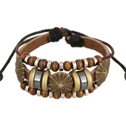 Vintage Bronze Star Beads Wrap Bracelet Casual Multi-layer Leather Charms Bangle Wristbands for Men Women Retro Fashion Jewelry