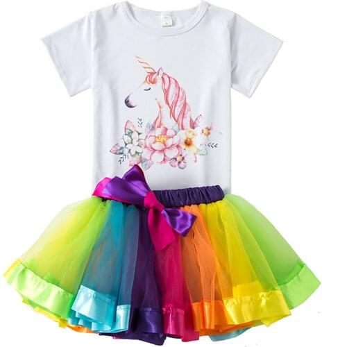 Tutu Skirt Baby Girl Clothes Colorful Mini Pettiskirt Girls Party Dance Rainbow Tulle Skirts with Shirt Children Clothing Set