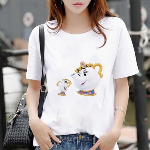 New Mrs.Potts and Her Son Print Women T Shirt Summer Short Sleeve Casual O-neck Tshirts Beauty and The Beast Graphic T-shirts