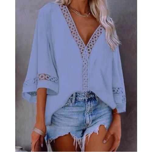 Women Elegant cutout lace shirt V-neck hollow out blouse Casual Chic Tops Flare Sleeve