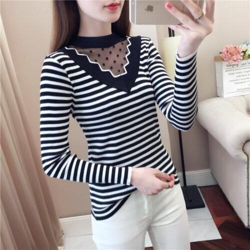 2020 Spring half Turtleneck Slim Pullovers Women Hollow out Splicing Mesh Black Sweaters Red stripe Ladies Long Sleeve Jumpers