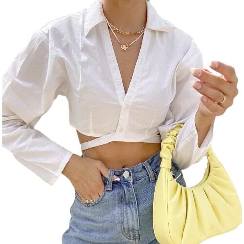 Womens Casual Long Sleeve Cardigan Fashion Solid Color Lapel Bandage Exposed Navel Shirt