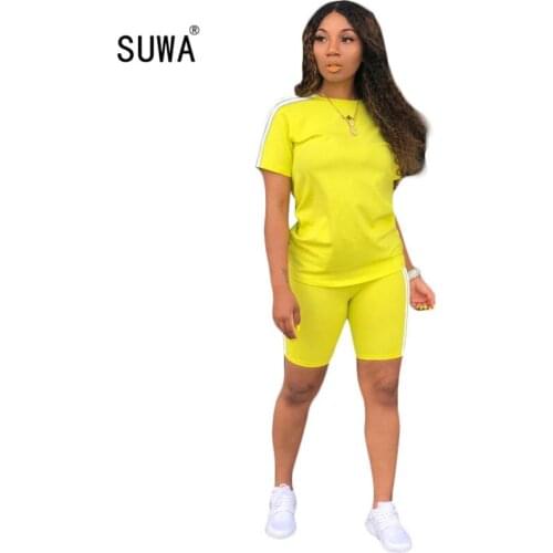 2020 hot sale summer street casual sporty track suit women 2 pieces matching set short sleeve t shirt + biker shorts