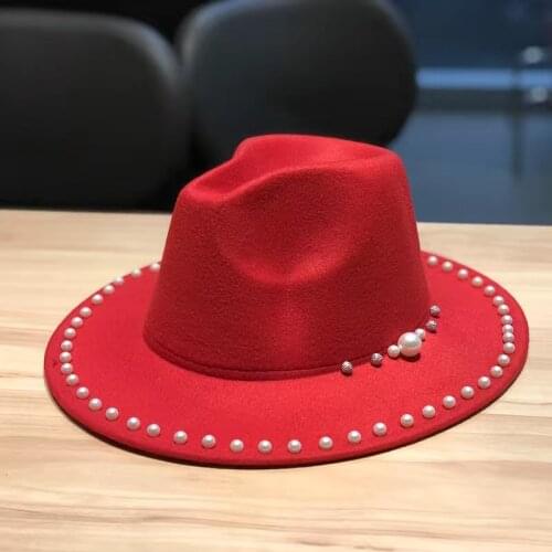 Pearl Winter Woolen Big Brim Jazz Top Hat Ladies Fedora Hat Fashion Casual Big Brim Jazz Hat Church Hat Mens Wedding Hat