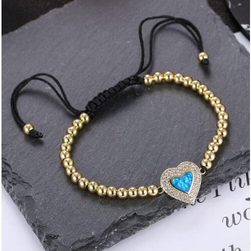 Gold silver rose gold micro pave Cubic Zirconia cz zircon rope adjusted Macrame Blue Opal bracelet uth4 heart Braided Bangles
