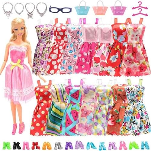 40 Item/Set Doll Accessories=10 Mix Fashion Cute Dress+ 5 Glasses+ 4 Necklaces+1 Handbag+5 Hairs Of Shoes+10 Hangers For Barbies
