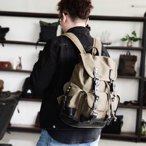 American Retro Outdoor Mountaineering Travel Backpack Leisure Student School Bag Large Capacity Canvas Stitching Leather