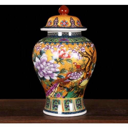 Antique Royal Golden Pheasant Ceramic Cloisonne Enamel General Tank Vase Fortune Hat-covered Ginger Jars Ornament Creative Gift