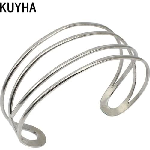 Cuff Bracelets & Bangles For Women Men Pulseira Feminina Hollow Geometric Stainless Steel Silver Color Jewelry Present