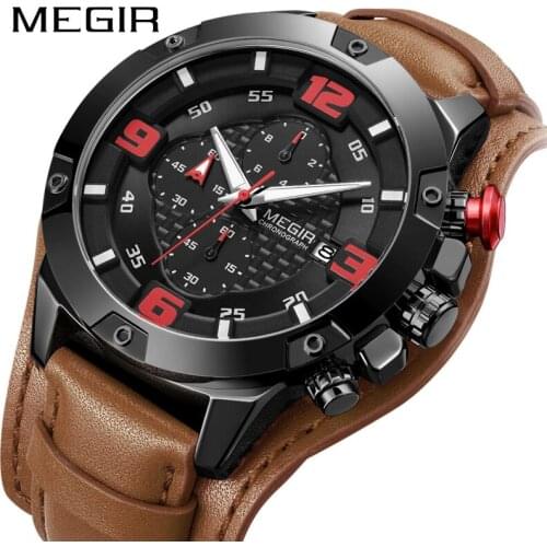 MEGIR Sports Mens Watches Luxury Brand Chronograph Quartz Watch Men with Leather Bracer Relogio Big Dial Masculino Reloj Hombre