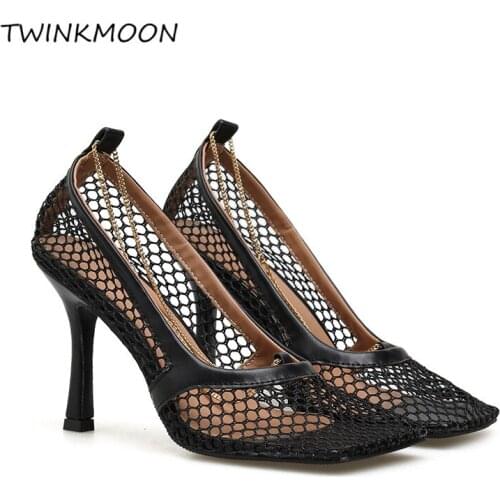 Black Mesh High Heels Shoes Women Pumps Sexy Ankle Chain Square Toe Nude Womens Heels 9cm/7cm Factory Wholesale