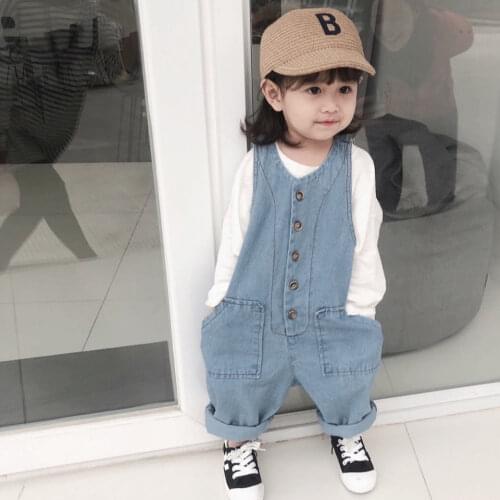 2020 Autumn Baby Girls Denim Overalls Children Korean Oneside Jumpsuits Kids Jeans Baby Girl Loose Casual Suspender Overalls