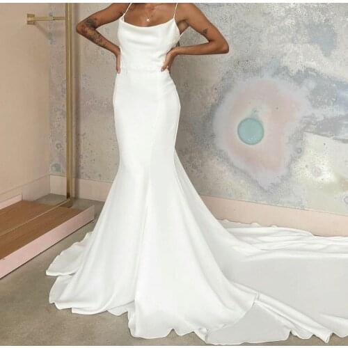 Long Mermaid Cowl Neck Lace Wedding Dresses Ivory Open Back Stretchy Satin Robes De Mariée Bridal Gown For Women
