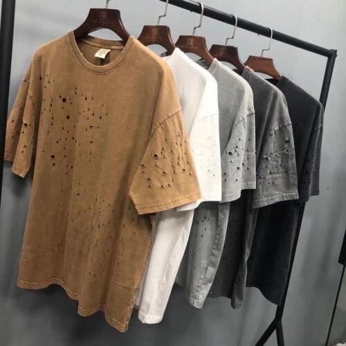 Spring Summer Irregular Hole Vintage Tshirts Men Streetwear Short Sleeve O-Neck Collar Hollow Out Solid Color Casual Tops