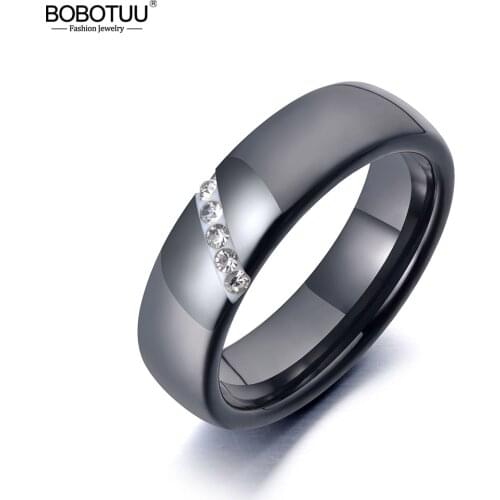 BOBOTUU Trendy Black Ceramic Crystal Wedding Ring Jewelry For Women Stainless Steel Clay Rhinestone Engagement Ring BR19069