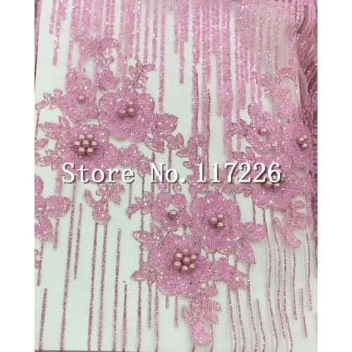 Hot selling pink glued glitter sequins lace fabric french net lace fabric nigerian glued glitter lace fabric with beads