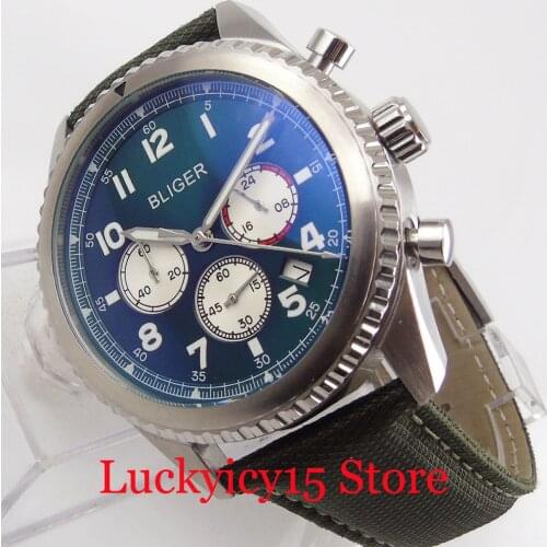 BLIGER Quartz Green Men Watch Chronograph Date Function Leather Band 45mm Round Case