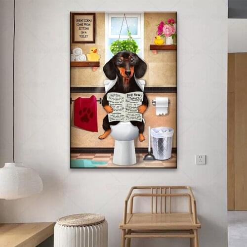 On Toilet Seat Reading Newspaper Dog News Newspaper Bathroom Toilet wall Poster Prints Vintage Canvas Painting
