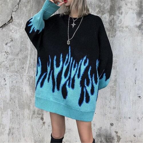 2021 New Sweater Female Hip-Hop Style Flame Jacquard Womens Sweater Traf Couple Pullover Knit Top Loose Mens Sweater