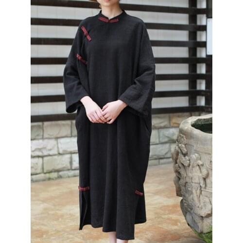 Autumn Loose Vintage Plate Buckle Stand Women Dress 2021 New Comfortable Long Sleeve Pockets Female Dresses RH850