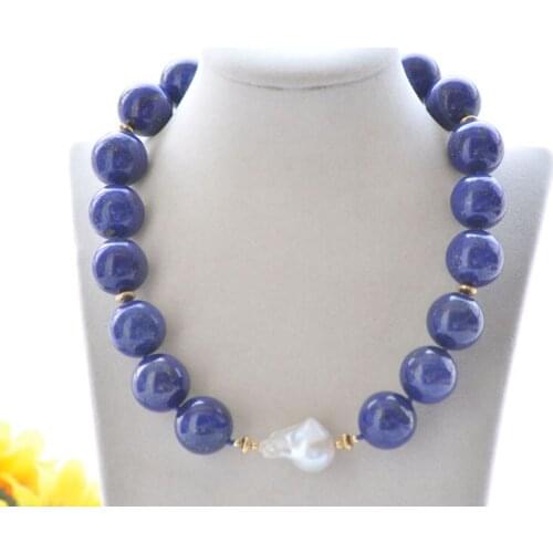S2364 18" 20mm Round Blue lapis lazuli White Keshi Pearl Necklace