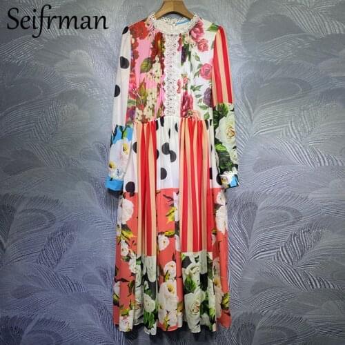 Seifrmann New Spring 2021 Fashion Designer Party Long Dress Diamonds Lace Lantern Sleeve Dot Printed Ladies A-Line Dresses 2021