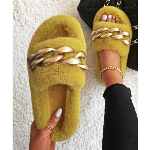 Plush Slippers Furry Fur Slides Gold Chain Fluffy Flip Flops Ladies Faux Fur Slippers For Home Slip On Flats Fashion Women Shoes
