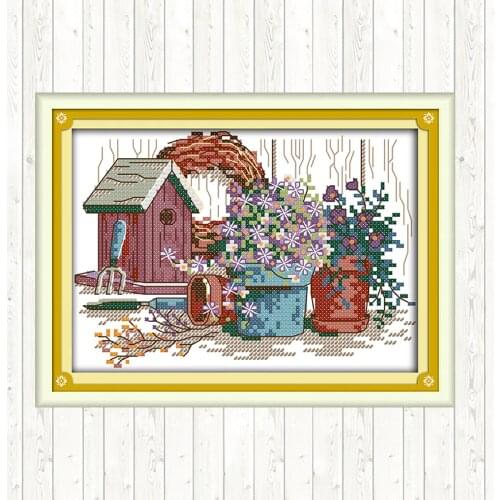 Cross Stitch Patterns Garden Corner Aida Fabric Printed Canvas 14ct 11ct DMC Counted Cross-stitch for Needlework Sets DIY Crafts