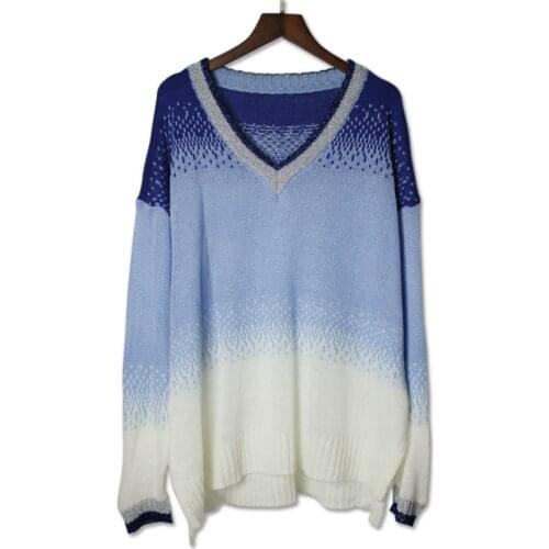 Gradient Color Thin Sweaters Crochet Woman Casual V-Neck Pullovers Oversized Long Sleeve Tops Mujer Femme Knitted Jumper