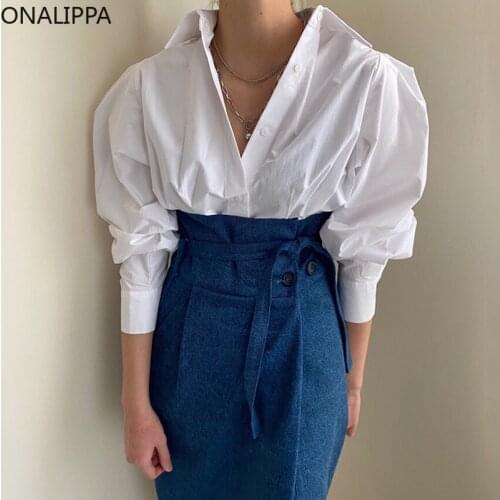 ONALIPPA Simple Temperament Sets Ladies Lapel Single-Breasted Loose Puff Sleeve Shirt Lace-Up High-Waist Pleated Slit Skirt
