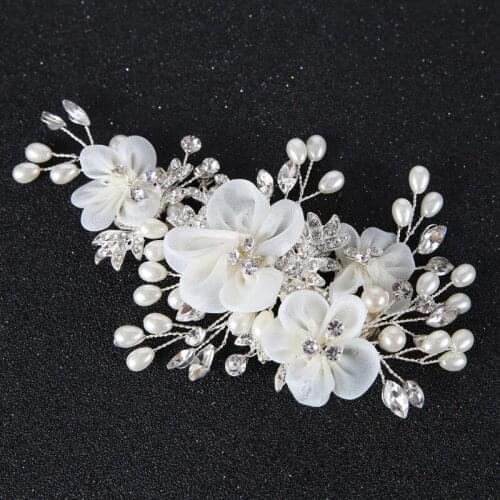 Handmade Fashion Beige Bridal Hair Flower Rhinestone Crystal Wedding Hair Clip Barrette Women Pearl Hairpins Bride Head Jewelry