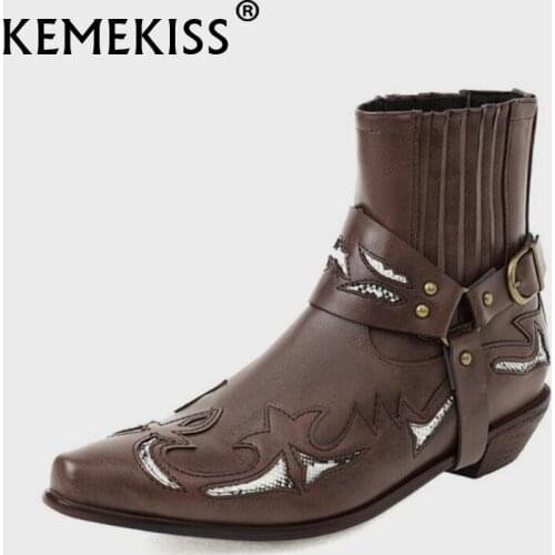 Kemekiss Women Western Boots Pointed Toe Mix Color Buckle Ladies Shoes Party Club Short Boot Woman Footwear Size 38-43