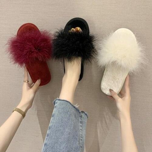 Fashion Free Shipping Women Fur Slippers Big Real Fur Home Slipppers Shoes Furry Slides For Woman Comfortable Soft Indoor Slides