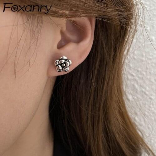 FOXANRY Prevent Allergy 925 Sterling Silver Stud Earrings for Women Trendy Elegant Punk Vintage Flower Thai Silver Party Jewelry