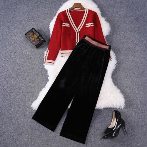 2021 Autumn Winter Trousers Suit Women Color Block Knitted Sweater Cardigans + Velvet Wide Leg Pants Two Piece Set Outfits XXL
