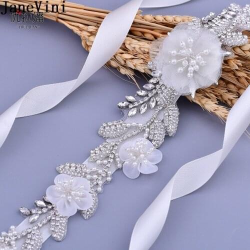 JaneVini Bling Crystals Fancy Belts for Women Rhinestone Belt Wedding Dress Accessories Sashes Pearl Ribbon Flowers Bridal Belts