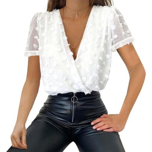 Women Chiffon Sexy Deep V Neck Top Short Sleeve Summer Shirt White Jacquard Polka Dot Shirt Fashion Female Chic Mesh Blouses D30