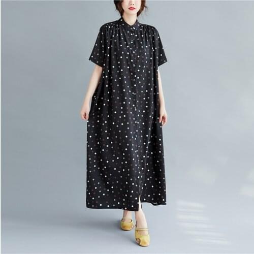 Plus Size Black Dot Cotton Linen Maxi Sundress 2021 Summer Vintage Korea Women Loose Shirt Dress Elegant Bodycon Party Vestidos