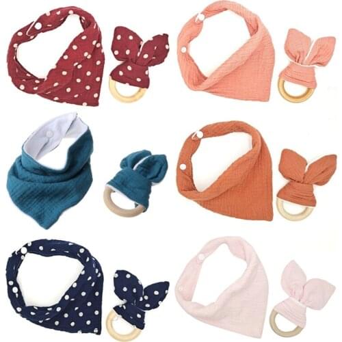 2Pcs Baby Cotton Bib Wood Ring Pacifier Teether Set Snap Button Triangle Scarf
