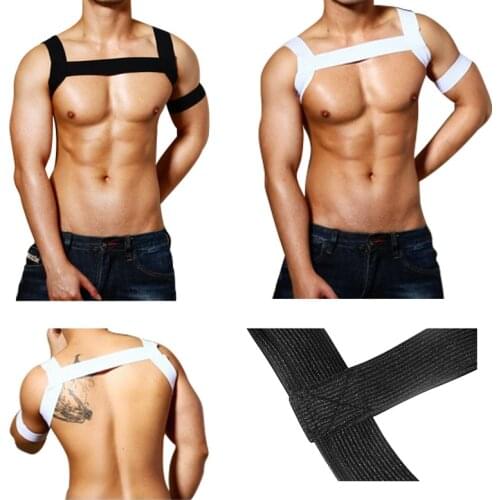 2PCS/Sets Men Body Chest Harness Elastic Shoulder Harness Strap Gay Stage Costume Clubwear Male Bondage Crop Tops Black White