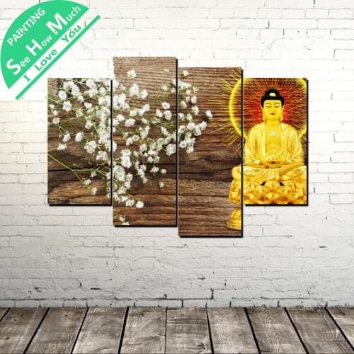 4 Piece Shinning Buddha Modern Wall Art Canvas Painting Posters and Prints Framed Art Painting Pictures for Home Decoration