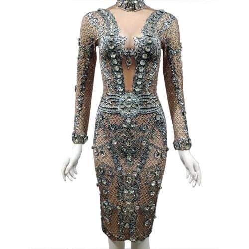 Sparkly Silver Crystals Long Sleeve Dress Women Evening Birthday Party Dresses Sexy Club Outfit Singer Stage Performance Costume
